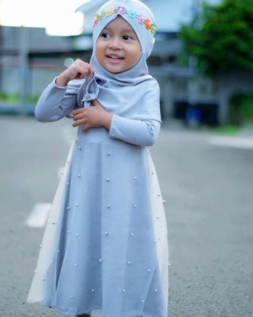 Gamis Katun Anak Katun Jepang Kombinasi Organza Mewah Pesta Soft Grey