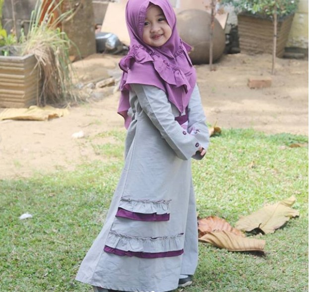 Gamis Katun Anak Katun Jepang Kombinasi Rempel Dua Warna Soft Grey Ungu
