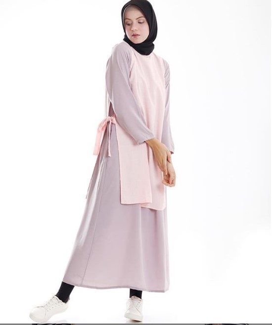 Gamis Katun Jepang Kombinasi Dua Warna Pastel Soft Pink Lavender