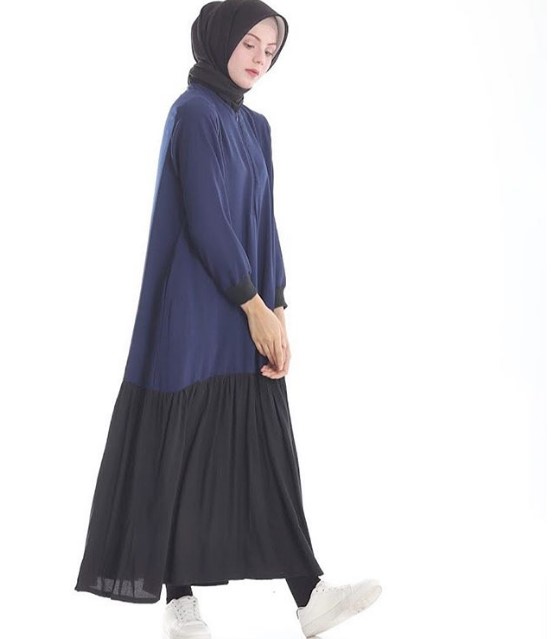 Gamis Katun Jepang Kombinasi Dua Warna Rok Rempel Navy Hitam