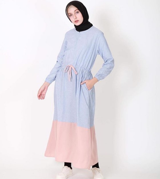 Gamis Katun Jepang Kombinasi Dua Warna Soft Blue Baby Pink Tali Pinggang