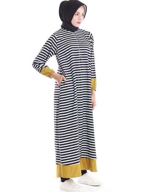 Gamis Katun Jepang Kombinasi Polos Mustard dan Stripe Hitam Putih