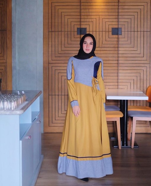 Gamis Katun Jepang Kombinasi Tiga Warna Mustard Soft Grey Navy Tali Pinggang