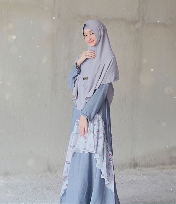 Gamis Katun Jepang Motif Bunga Kombinasi Polos Soft Blue