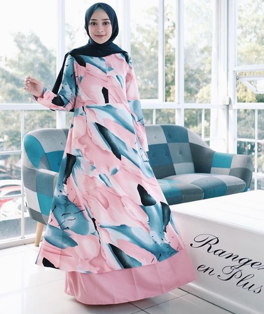 Gamis Katun Jepang Motif Bunga Kombinasi Polos Soft Pink