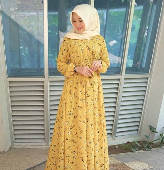 Gamis Katun Jepang Motif Bunga Murah Resleting Depan Kuning