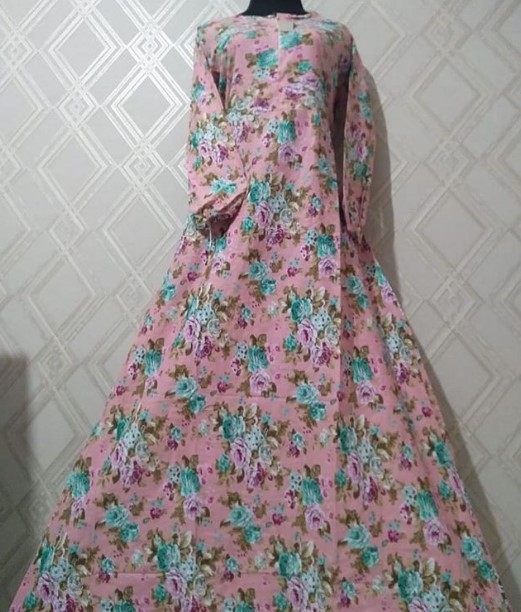 Gamis Katun Jepang Motif Bunga Murah Simpel Soft Pink