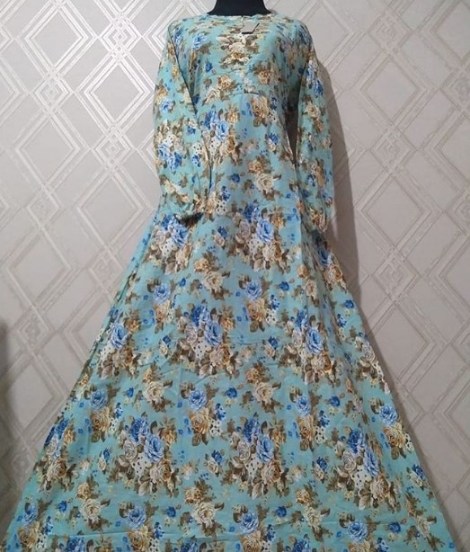 Gamis Katun Jepang Motif Bunga Murah Soft Blue