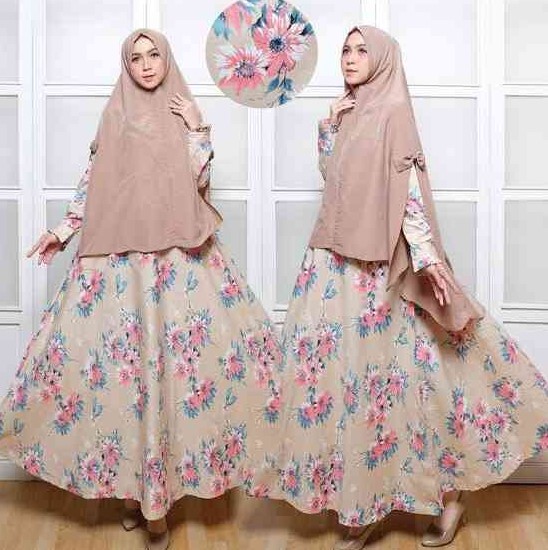 Gamis Katun Jepang Motif Bunga Murah Syari Soft Cream