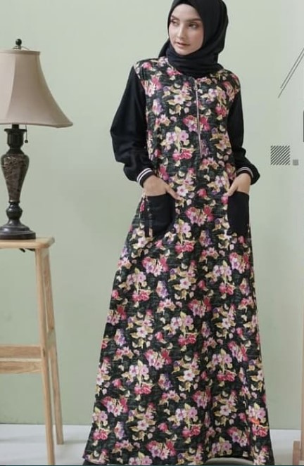 Gamis Katun Jepang Motif Bunga Terbaru Modern Simpel Kantong Hitam