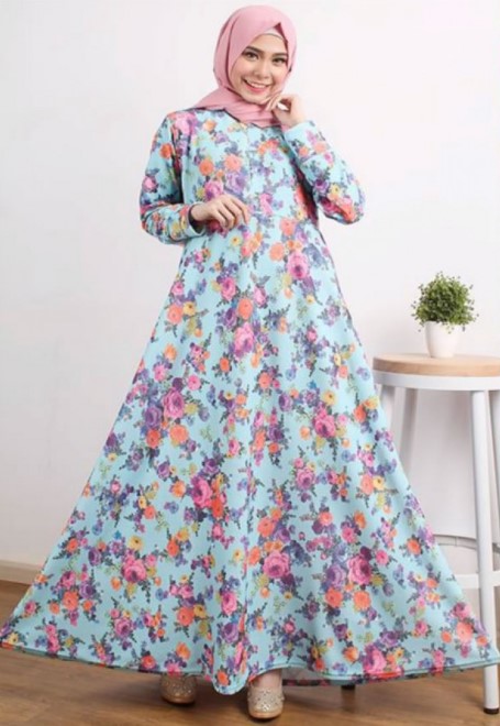Gamis Katun Jepang Motif Bunga Terbaru Modern Simpel Rok Payung Biru Muda