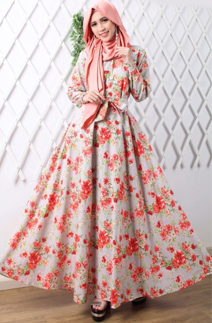 Gamis Katun Jepang Motif Bunga Terbaru Modern Simpel Soft Orange