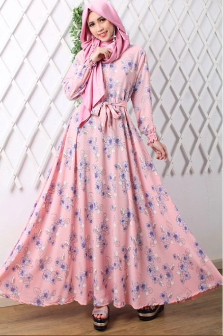 Gamis Katun Jepang Motif Bunga Terbaru Modern Simpel Soft Pink Pastel