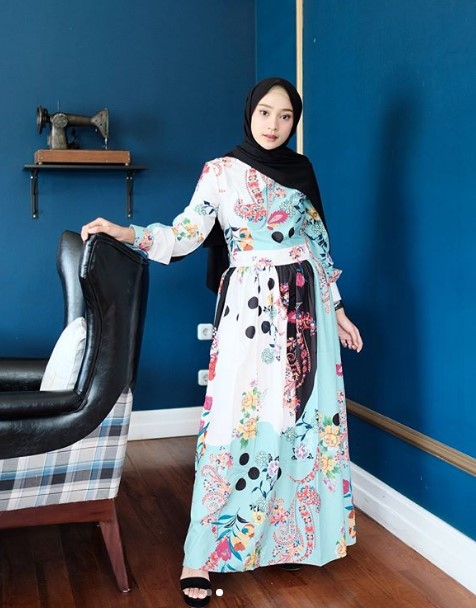 Gamis Katun Jepang Motif Bunga Terbaru Modern Soft Blue