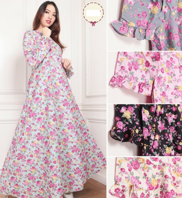 Gamis Katun Jepang Motif Bunga Terbaru Modern Warna Pastel