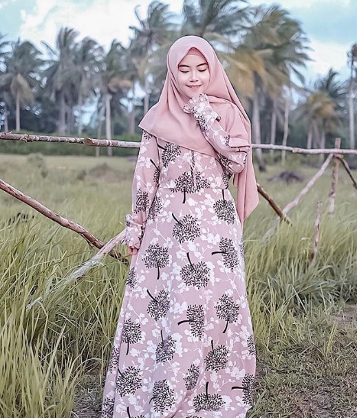 Gamis Katun Jepang Polos Kombinasi Terbaru Modern Floral Soft Pink