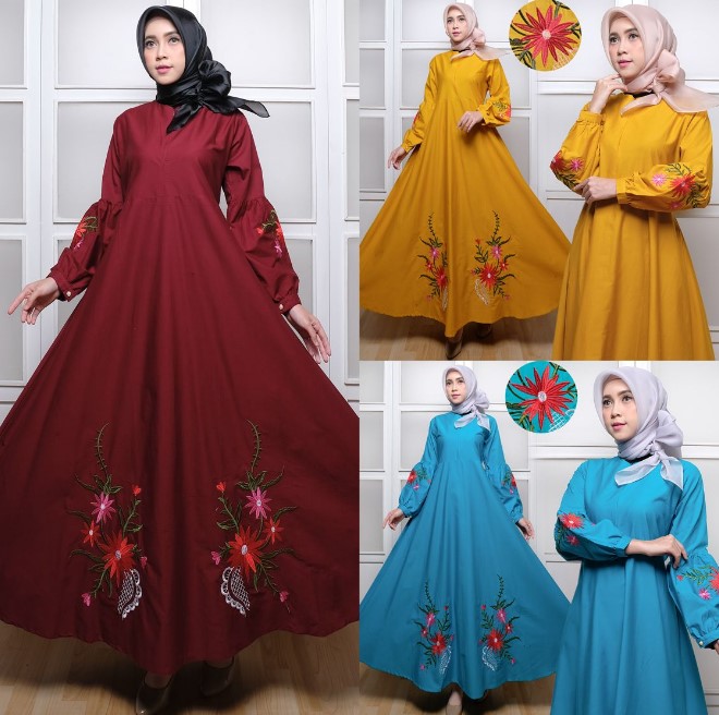 Gamis Katun Jepang Polos Kombinasi Terbaru Modern Ikat Pinggang Bordir Maroon Biru Kuning