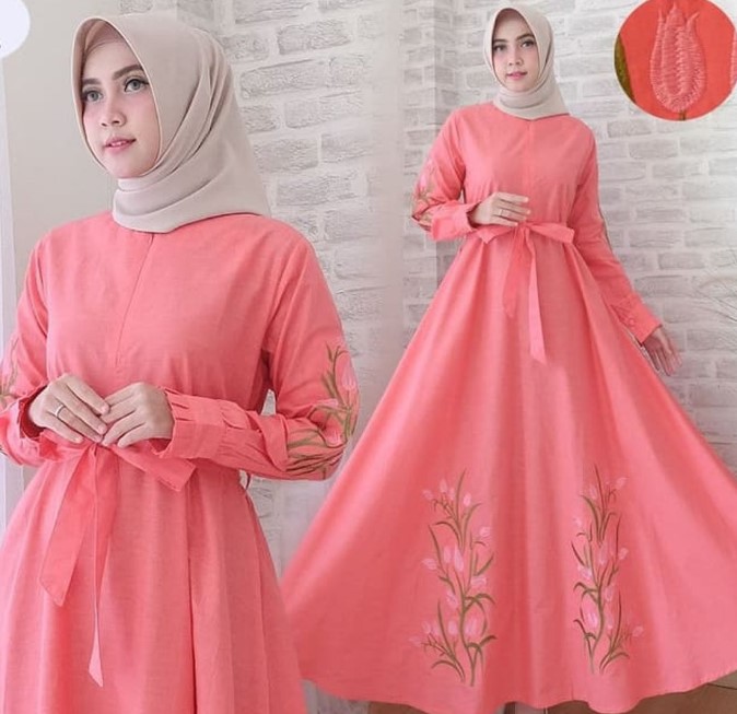 Gamis Katun Jepang Polos Kombinasi Terbaru Modern Ikat Pinggang Bordir Peach