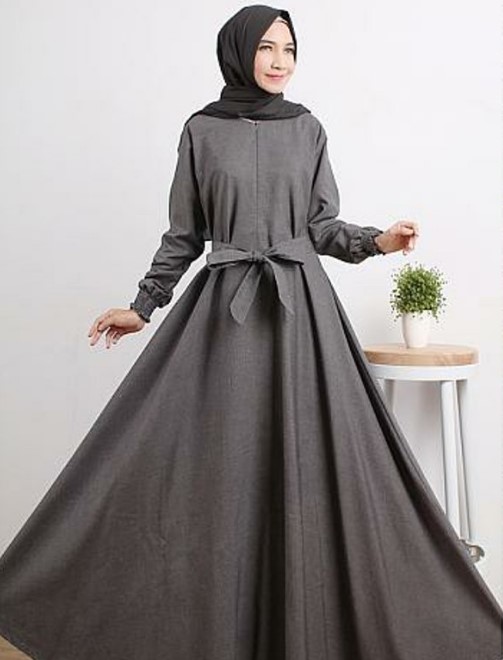 Gamis Katun Jepang Polos Kombinasi Terbaru Modern Ikat Pinggang Simpel Abu Tua