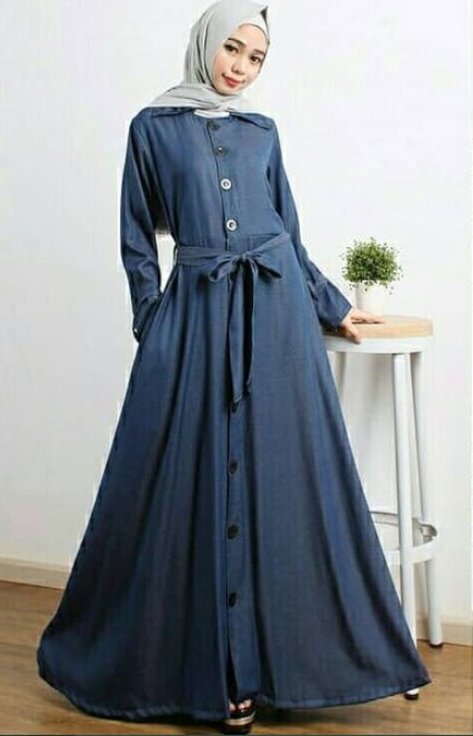 Gamis Katun Jepang Polos Kombinasi Terbaru Modern Ikat Pinggang Simpel Kancing Biru Tua