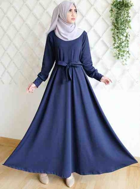 Gamis Katun Jepang Polos Kombinasi Terbaru Modern Ikat Pinggang Simpel Navy
