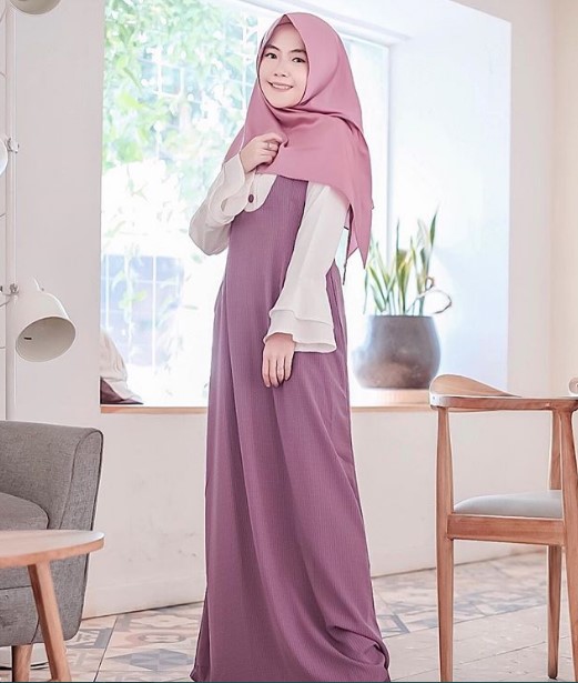 Gamis Katun Jepang Polos Kombinasi Terbaru Modern Lengan Lonceng Soft Ungu