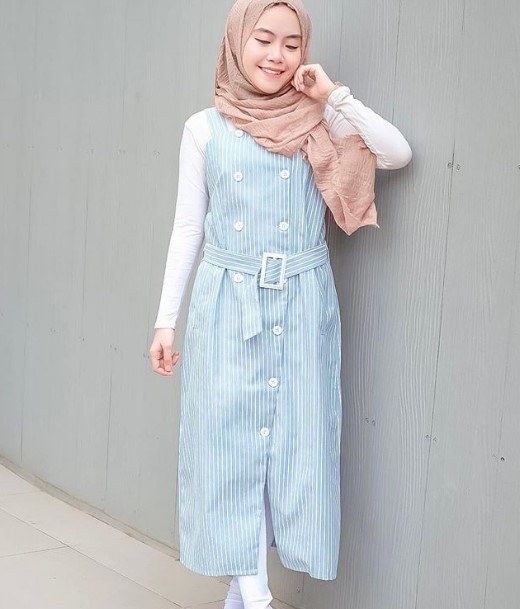 Gamis Katun Jepang Polos Kombinasi Terbaru Modern Overall Maxi Dress Biru Muda