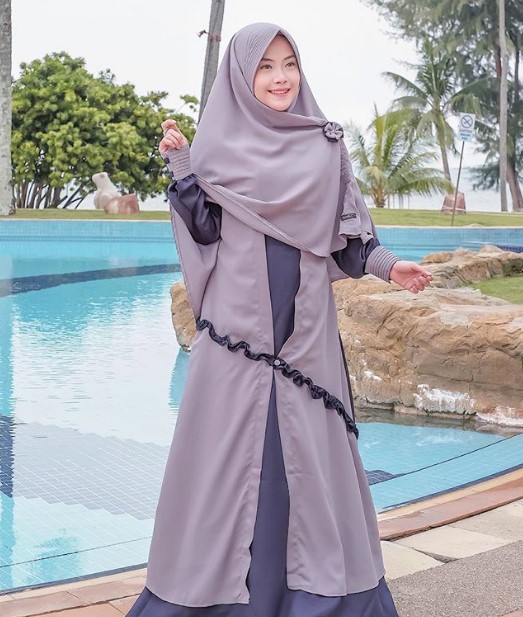 Gamis Katun Jepang Polos Kombinasi Terbaru Modern Renda Abu Muda