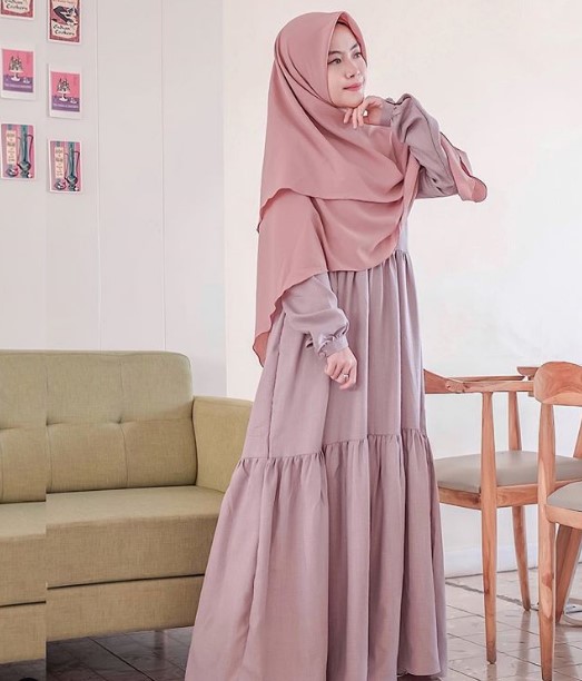 Gamis Katun Jepang Polos Kombinasi Terbaru Modern Simpel Dusty Ungu