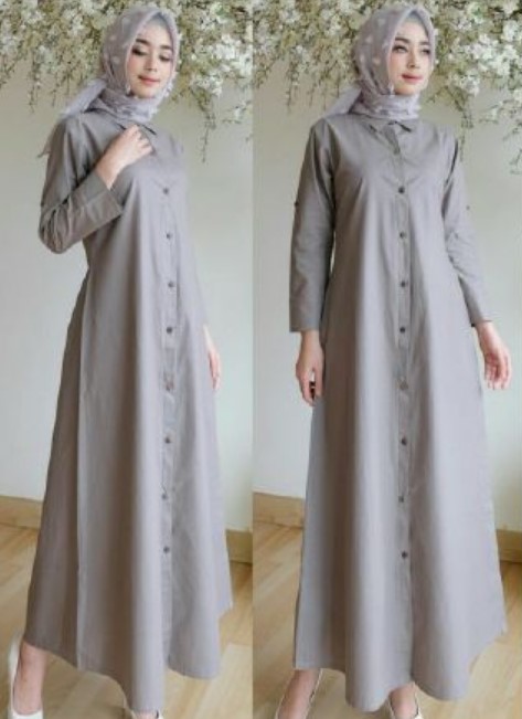 Gamis Katun Jepang Polos Kombinasi Terbaru Modern Simpel Kancing Depan Abu Muda