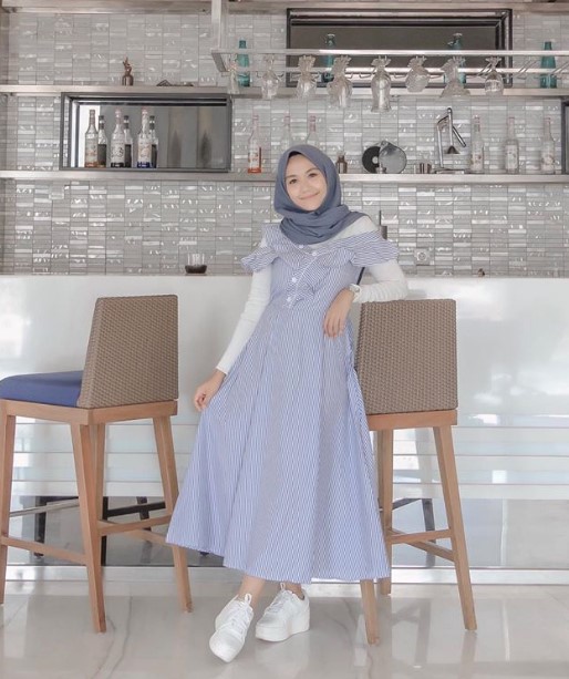 Gamis Katun Polos Kombinasi Modern Maxi Soft Blue