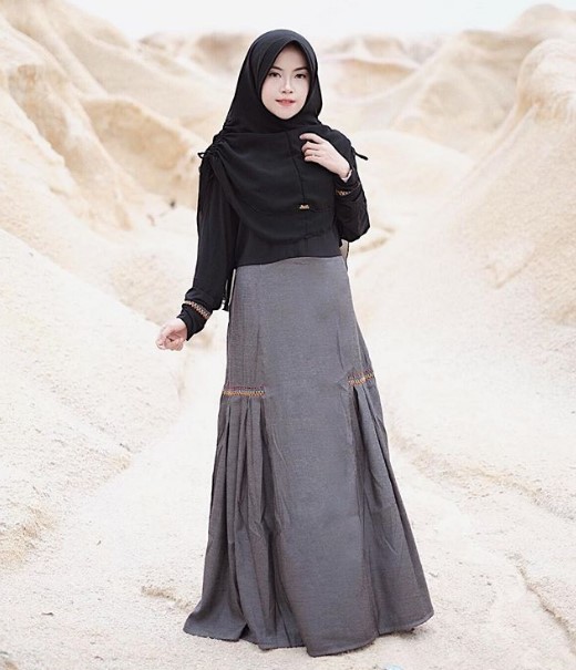 Gamis Katun Polos Kombinasi Modern Simpel Hitam Abu