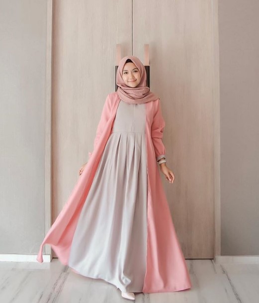 Gamis Katun Polos Kombinasi Modern Soft Grey Baby Pink