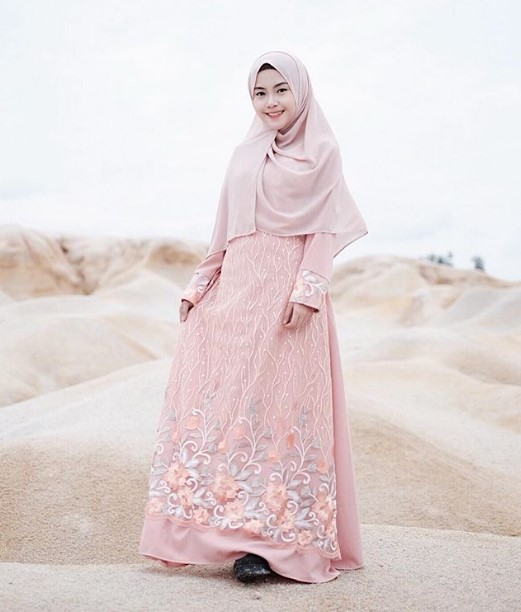 Gamis Katun Polos Kombinasi Modern Tile Soft Peach