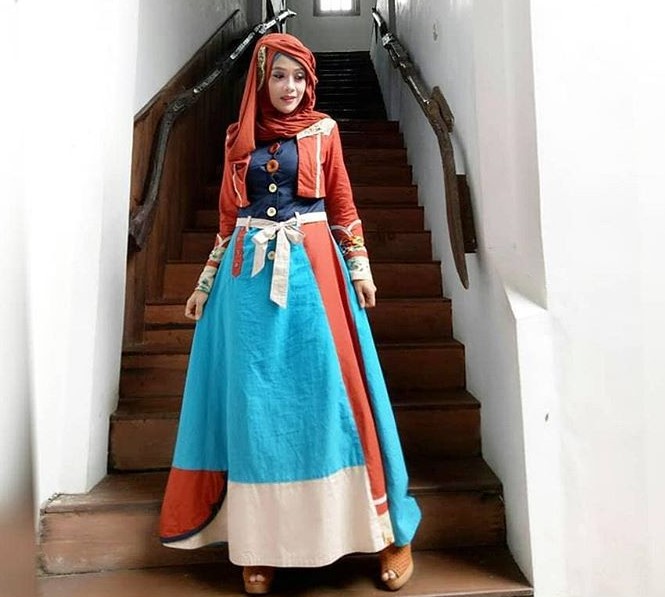 Gamis Katun Polos Terbaru dan Kekinian Colourfull Biru Muda Orange