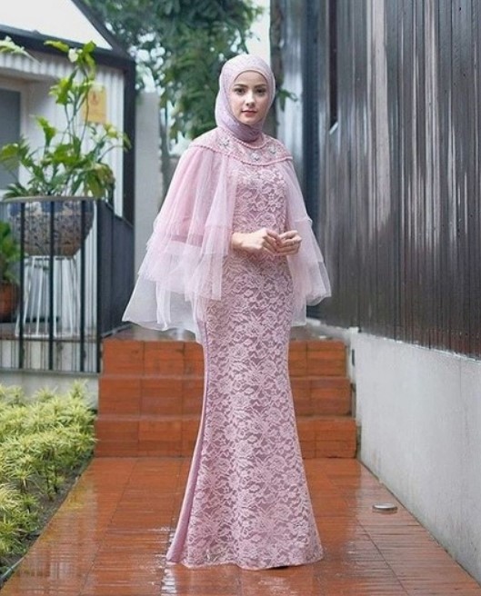 Gamis Pesta Brokat Kombinasi Sifon Mewah Rumbai Dusty Pink