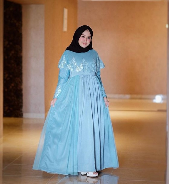 Gamis Pesta Brokat Kombinasi Sifon Mewah Swing Cape Soft Blue