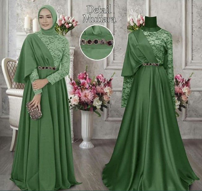Gamis Pesta Brokat Mewah Modern Hijau
