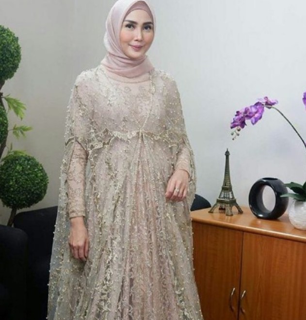 Gamis Pesta Brokat Mewah Modern Nude Soft Cream