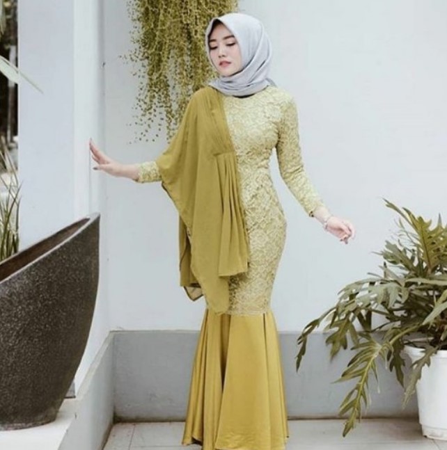 Gamis Pesta Brokat Mewah Modern Olive