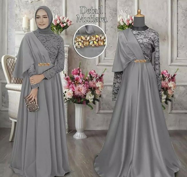 Gamis Pesta Brokat Mewah Modern Selendang Abu Muda