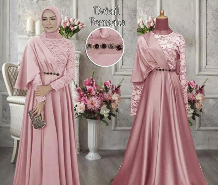 Gamis Pesta Brokat Mewah Modern Selendang Baby Pink