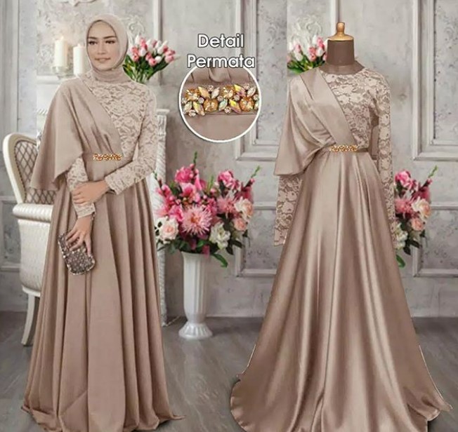 Gamis Pesta Brokat Mewah Modern Selendang Cream