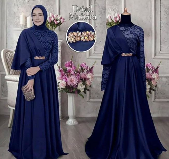Gamis Pesta Brokat Mewah Modern Selendang Navy