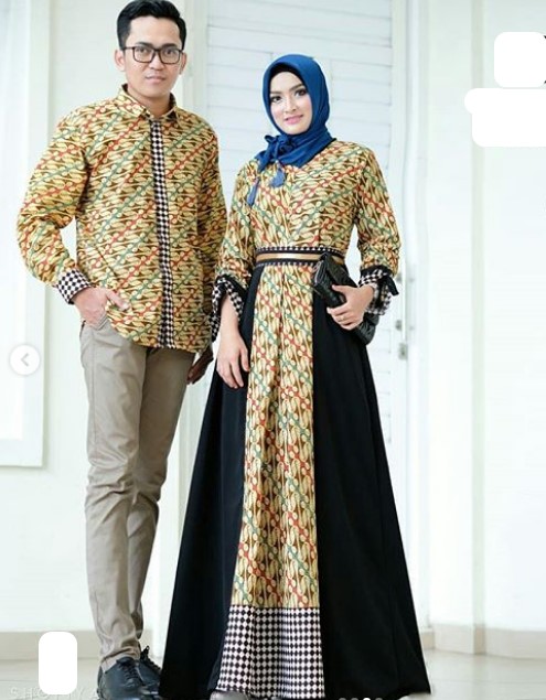 Koleksi Baju Gamis Batik Kombinasi Kain Polos Satin Modern Hitam Cream