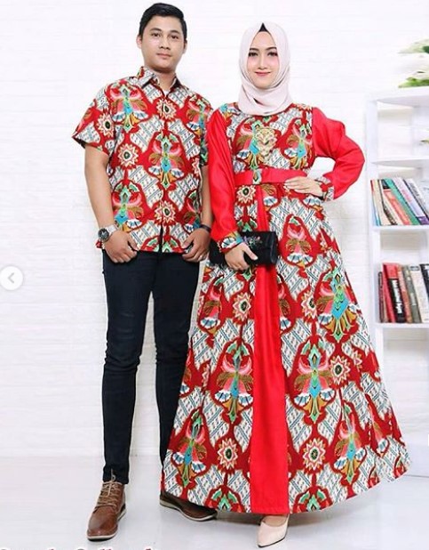 Koleksi Baju Gamis Batik Kombinasi Kain Polos Satin Modern Merah Cabe