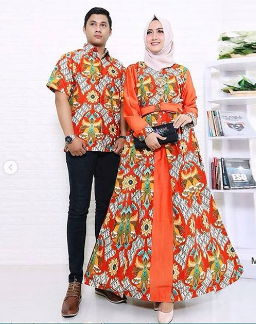 Koleksi Baju Gamis Batik Kombinasi Kain Polos Satin Modern Orange