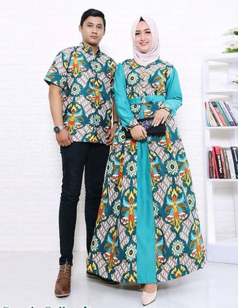 Koleksi Baju Gamis Batik Kombinasi Kain Polos Satin Modern Soft Tosca