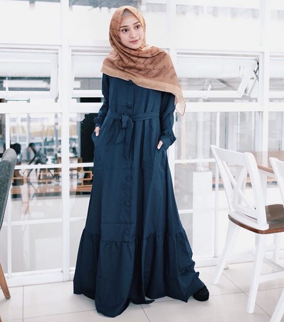 Koleksi Baju Gamis Modern Anak Muda Terkini Ikat Pinggang Navy
