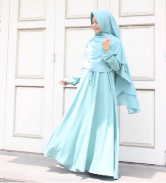 Koleksi Baju Gamis Syar’i Tanah Abang Modern Simple Ikat Pinggang Soft Blue